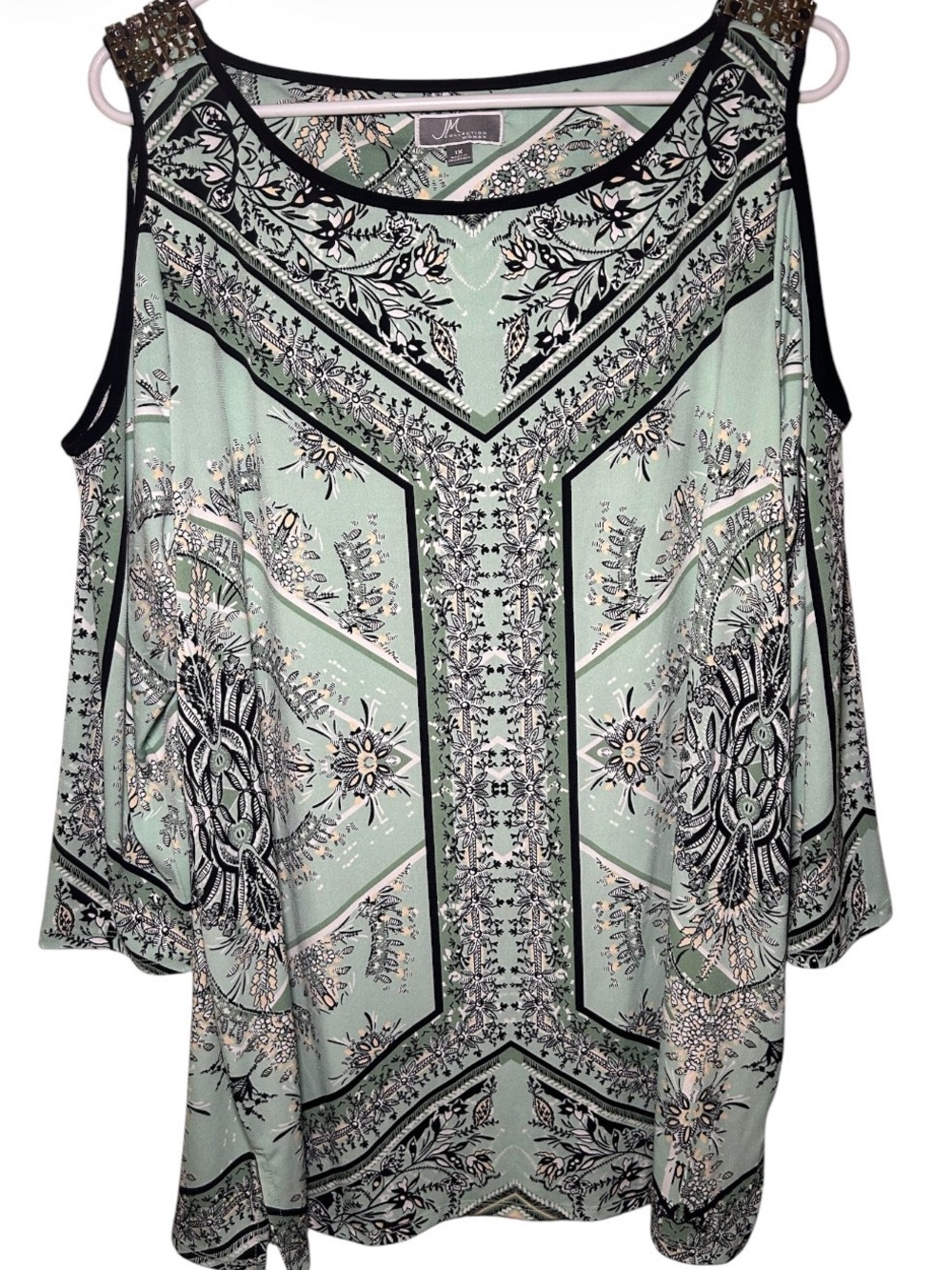 JM Collection Mint Green Printed Cold-Shoulder Blouse 1X Half Sleeve Light Flowy